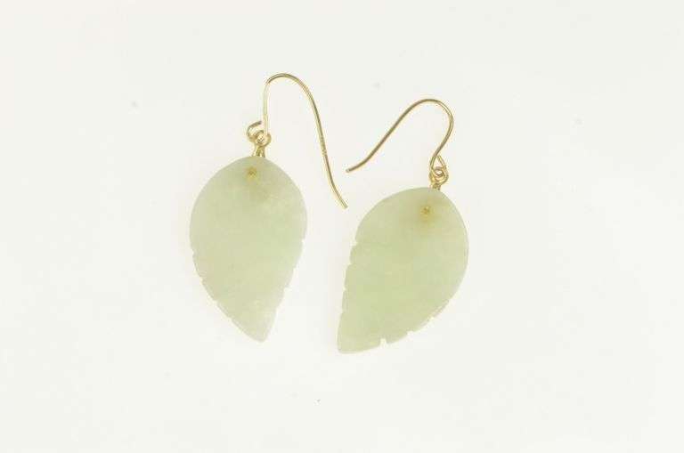 14K Yellow Gold Carved Jade Leaf Drop Dangle Hook Earrings