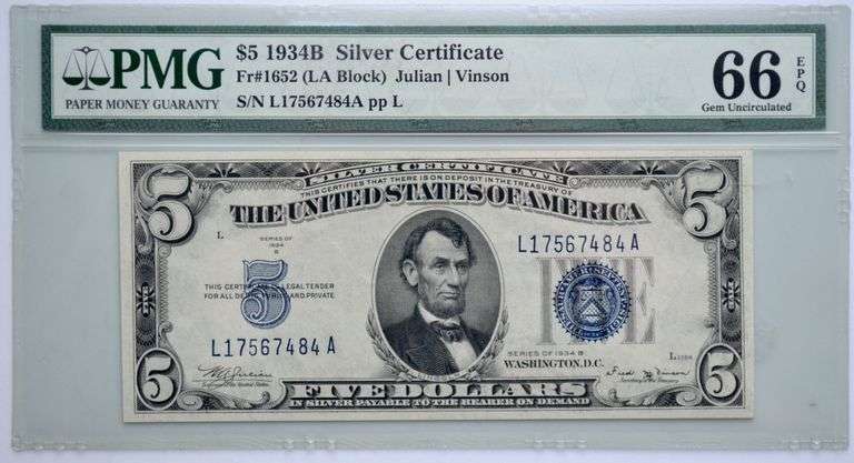 $5 1934 B PMG 66 EPQ Silver Certificate