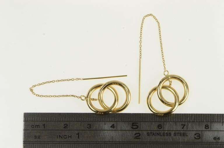14K Yellow Gold Two Tiered Circle Round Vintage Dangle Chain Earrings