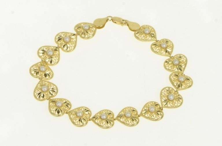 14K Yellow Gold Pearl Ornate Filigree Scroll Love Symbol Bracelet