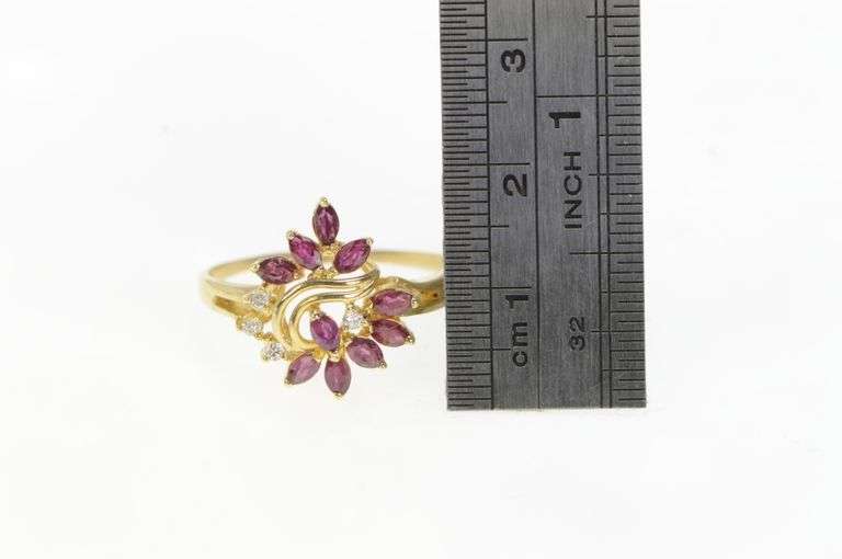 14K Yellow Gold Natural Ruby Diamond Cluster Freeform Ring