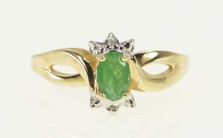 10K Yellow Gold Oval Emerald Diamond Accent Statement Ring