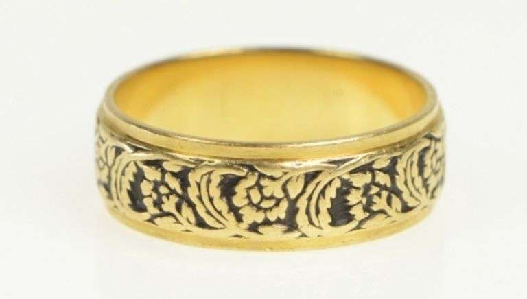 14K Yellow Gold 6.5mm 1940's Floral Enamel Wedding Band Ring