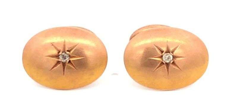 10K Yellow Gold Victorian Diamond Inset Oval Domed Cuff Links