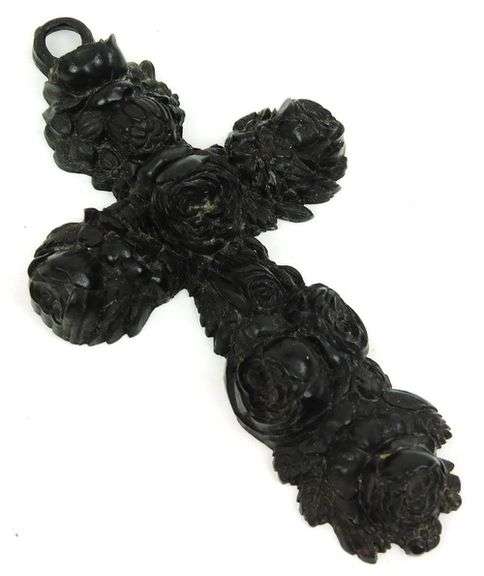 Large Antique Gutta Percha Carved Roses Mourning Cross