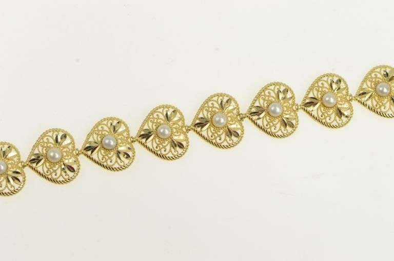 14K Yellow Gold Pearl Ornate Filigree Scroll Love Symbol Bracelet