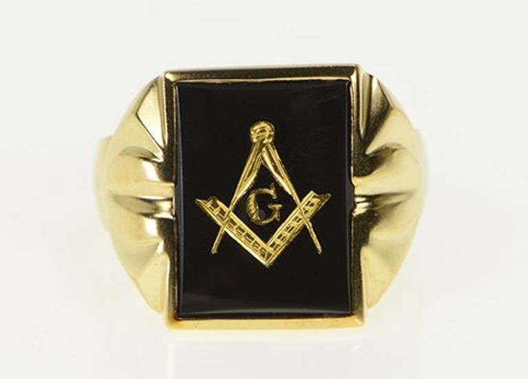 10K Yellow Gold G Compass Square Engraved Black Onyx Men's Ring