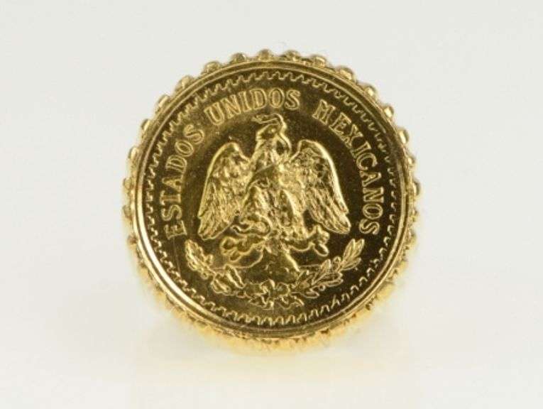14K Yellow Gold $2.50 Pesos Mexican Gold Coin Retro Grooved Ring