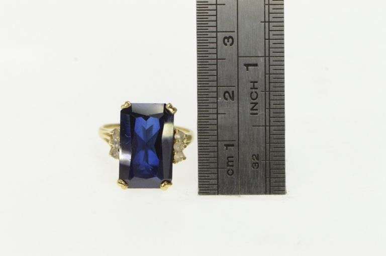 10K Yellow Gold Emerald Cut Syn. Sapphire CZ Accent Vintage Ring