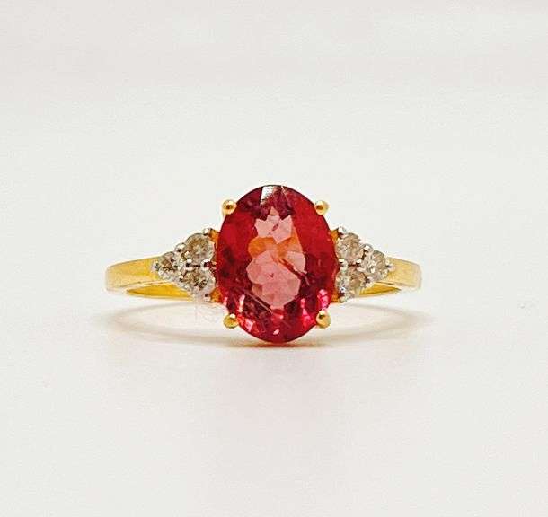14KT SOLID YELLOW GOLD, PINK TOURMALINE, & DIAMOND COCKTAIL RING