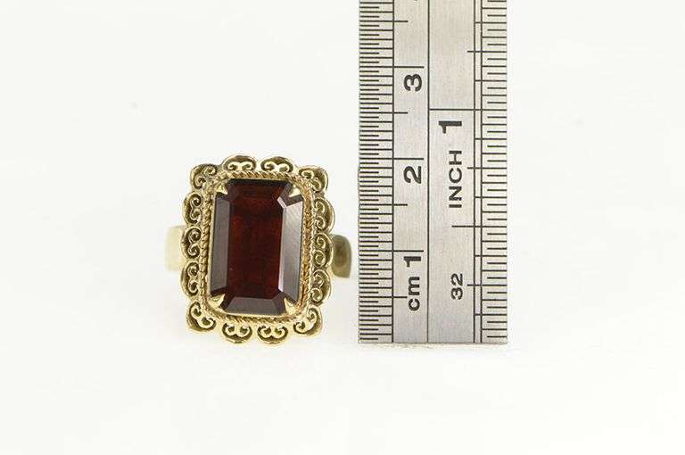 10K Yellow Gold Victorian Filigree Emerald Cut Garnet Ring