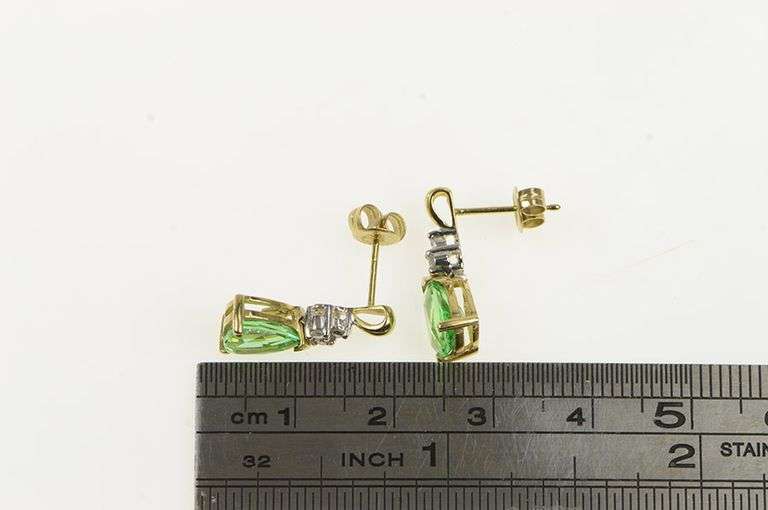 10K Yellow Gold Pear Green Sapphire Diamond Accent Stud Earrings