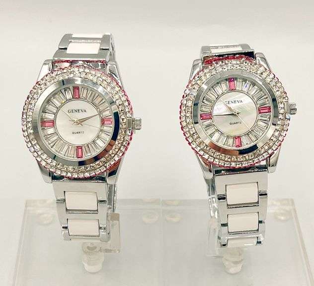 GROUP LOT OF 2x MATCHING CERAMIC & GEMSTONE WATCHES