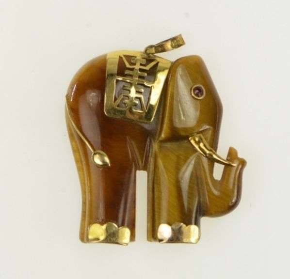 14K Yellow Gold Tiger's Eye Carved Ruby Eyed Elephant Pendant