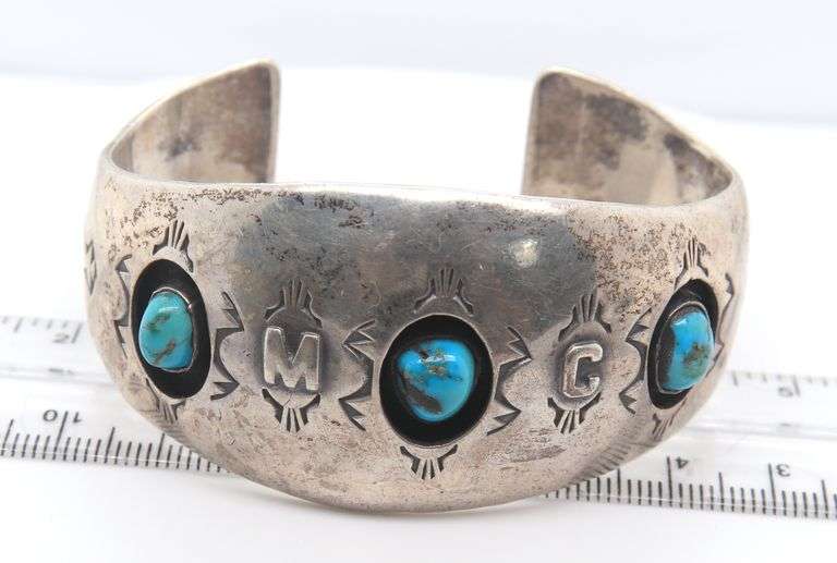 Vintage American Indian Sterling Silver Signed Turquoise Cuff Bangle