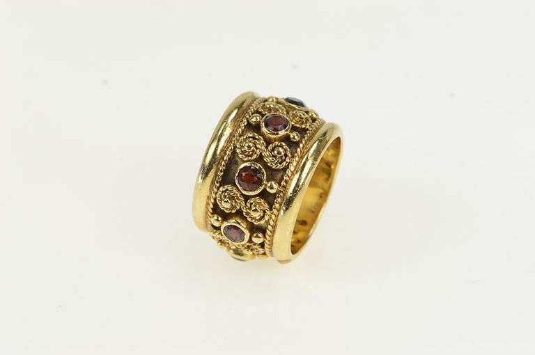 14K Yellow Gold Ornate Etruscan Revival Ruby Elaborate Band Ring