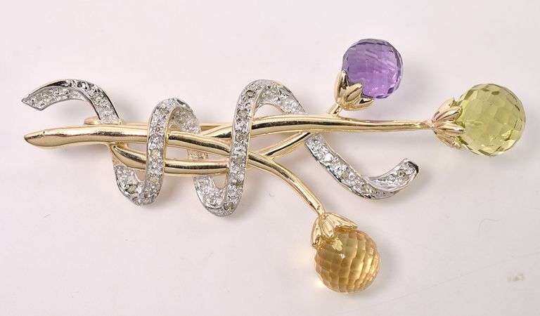 Vibrant Multi-Gem And Diamond Pin In Yellow Gold