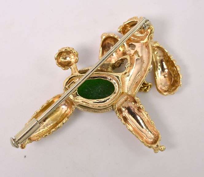 Adventurous Poodle Pin With Diamond and Green Gemstone In 18K Yellow Gold