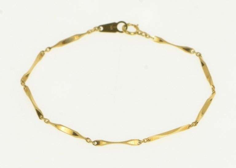 14K Yellow Gold 2.1mm Ornate Curvy Bar Link Vintage Chain Bracelet