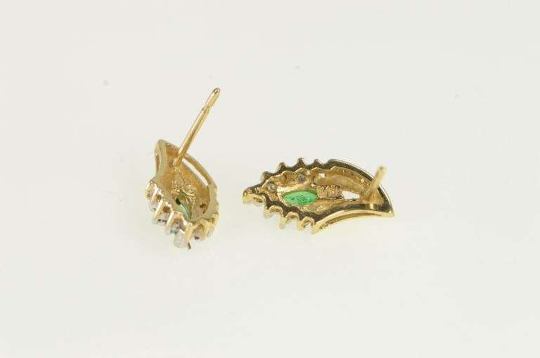 10K Yellow Gold Marquise Emerald Diamond Halo Vintage Stud Earrings