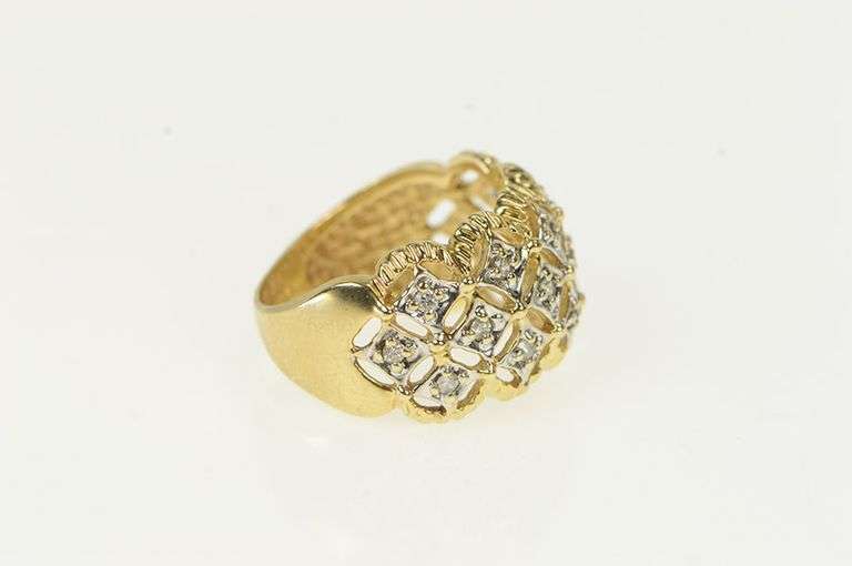 10K Yellow Gold Domed Lattice Vintage Statement Band Ring