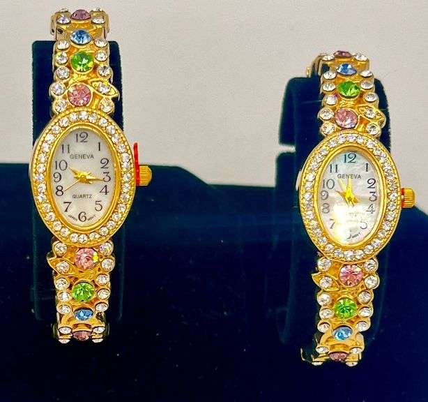 GROUP LOT OF 2x MATCHING GENEVA & GEMSTONE BANGLE BRACELET WATCHES-18KT GOLD PLATED