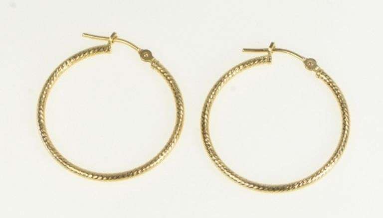 14K Yellow Gold Textured Design Vintage 25mm Statement Hoop Earrings