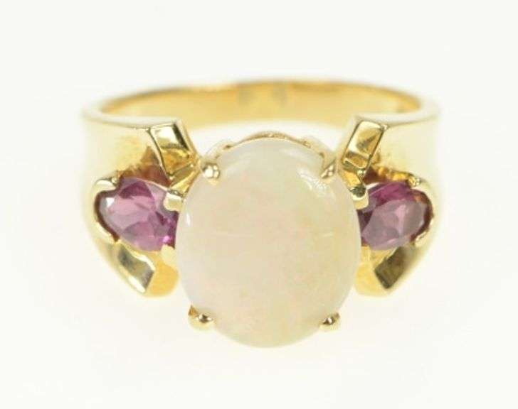 14K Yellow Gold Natural Opal Tourmaline Vintage Statement Ring