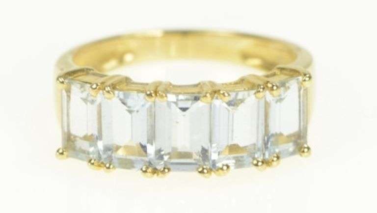 14K Yellow Gold Five Stone Blue Topaz Emerald Cut Band Ring