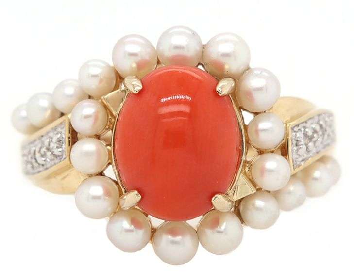 Oval Coral Seeded Pearl and Diamond Accent Frame Ring in 14K