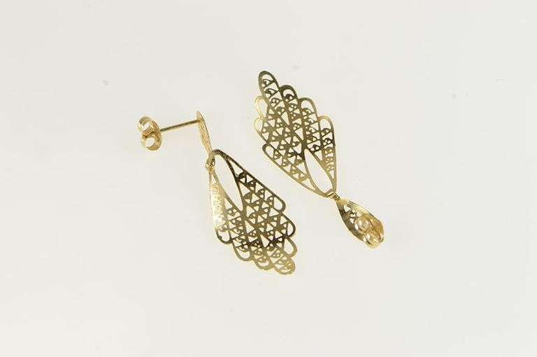 14K Yellow Gold Scalloped Filigree Decorative Dangle Drop Earrings