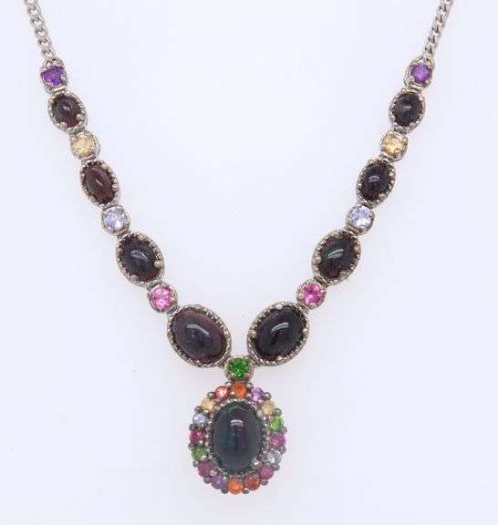 925 Sterling Silver Black Onyx  and Multi Color Stone Necklace