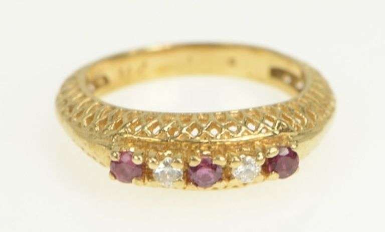 14K Yellow Gold Ornate Filigree Ruby Diamond Ornate Band Ring