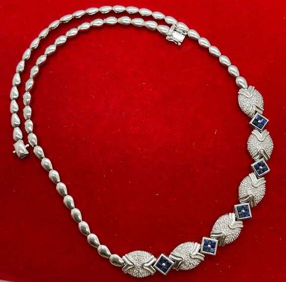 CERTIFIED BRAND NEW 14K WHITE GOLD SAPPHIRE AND DIAMOND NECKLACE