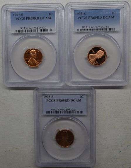 1977-S, 1993-S, 1998-S PR69RD DCAM 1C Lincoln Penny US Coin (lot of 3 Coins)