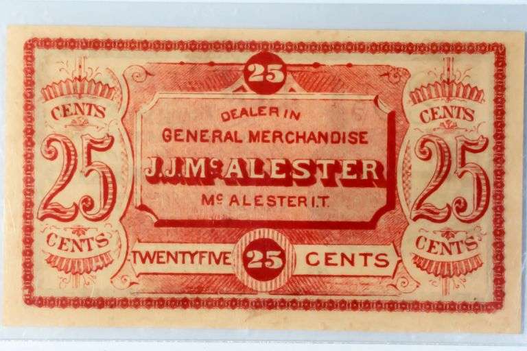 JJ McAlester Indian Territory 25 Cent Trade Note PMG 65 EPQ Note