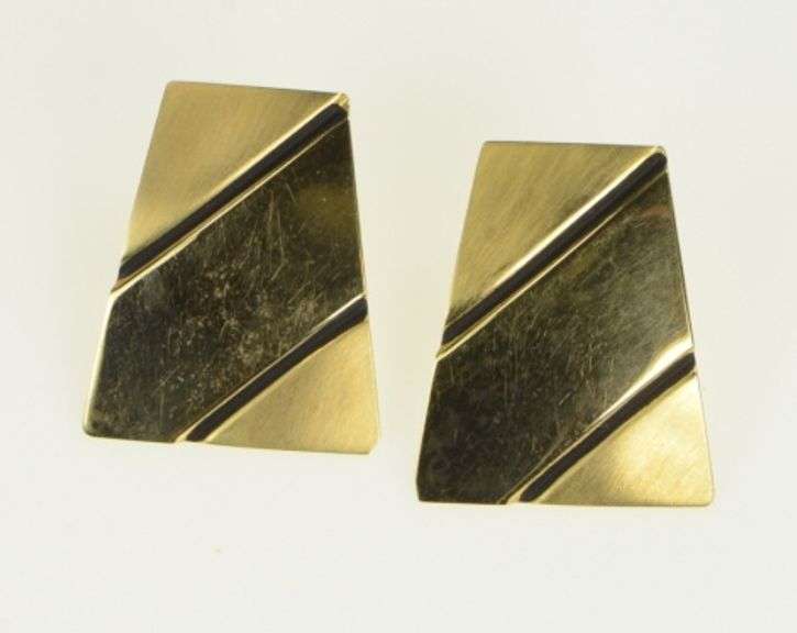 14K Yellow Gold Grooved Squared Vintage Statement Stud Earrings