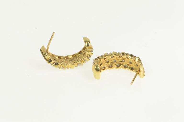14K Yellow Gold 0.84 Ctw Diamond Striped Semi Hoop Curved Earrings