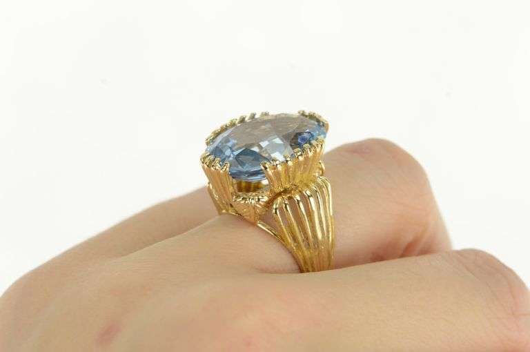 14K Yellow Gold Oval Blue Topaz Ornate Vintage Cocktail Ring