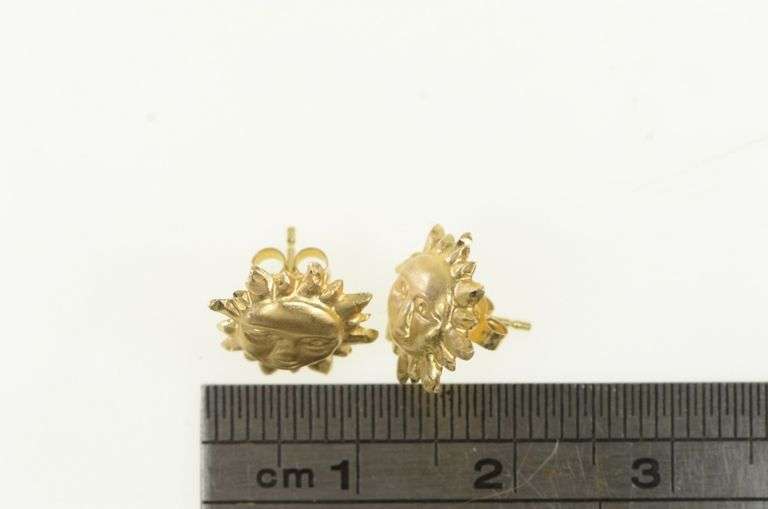 14K Yellow Gold Sun Face Celestial Astrology Star Stud Earrings