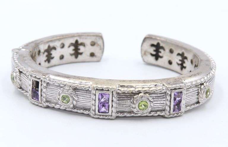 Vintage 925 Sterling Silver Amethyst and Peridot Cugg Bangle
