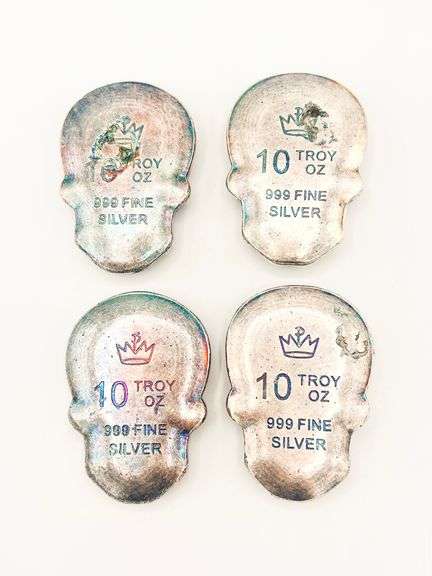 GROUP LOT OF 4X 10oz FINE SILVER SKULL- 40.0 OZ OF .999 SILVER!