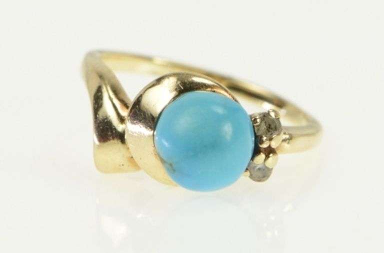 10K Yellow Gold Turquoise Diamond Accent Vintage Sphere Ring