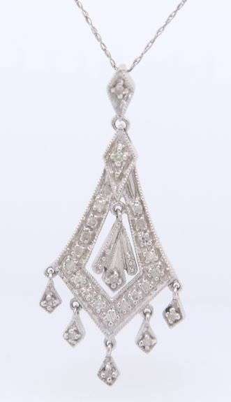 Set of White Gold Diamond Pendant on Chain with Diamond  Dangle Earrings