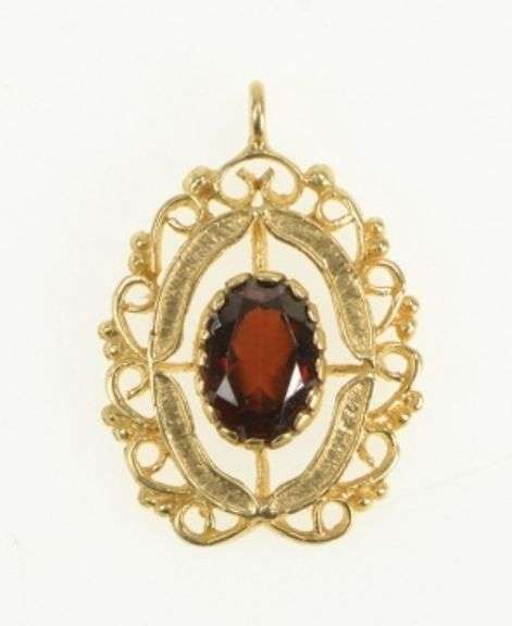 14K Yellow Gold Elaborate Oval Garnet Vintage Statement Charm/Pendant