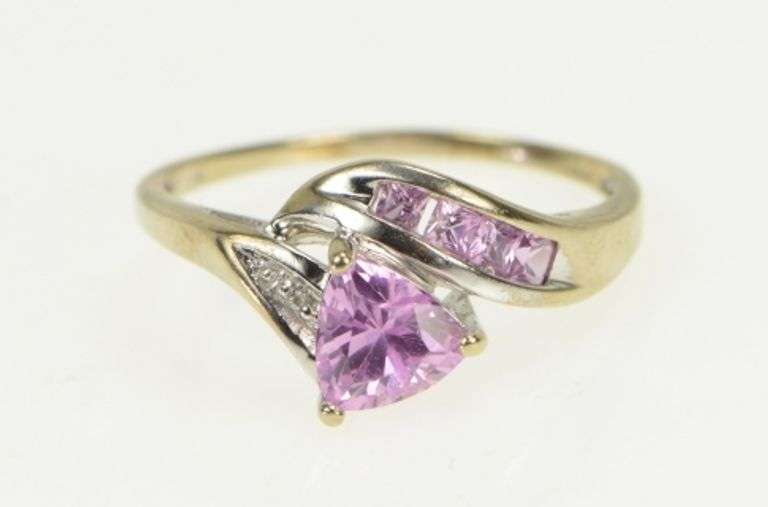 10K White Gold Trillion Pink Topaz Diamond Accent Bypass Ring