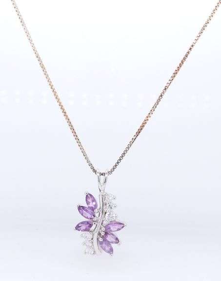 925 Sterling Silver Amethyst Grape and Leaves Pendant on Italian Box Chain Necklace