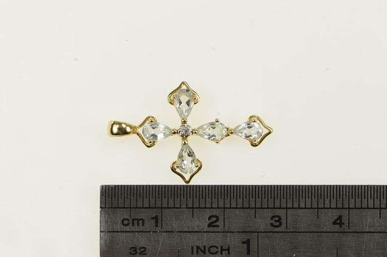 14K Yellow Gold Pear Blue Topaz Diamond Cross Christian Pendant