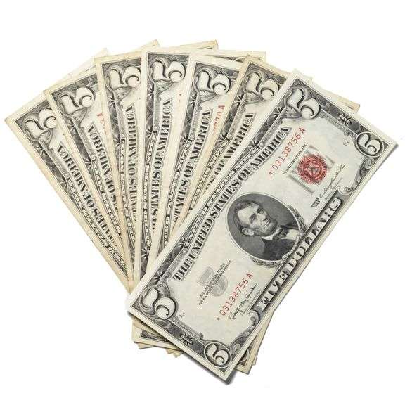 7 1953 Red Seal $5 US Notes Including a Star