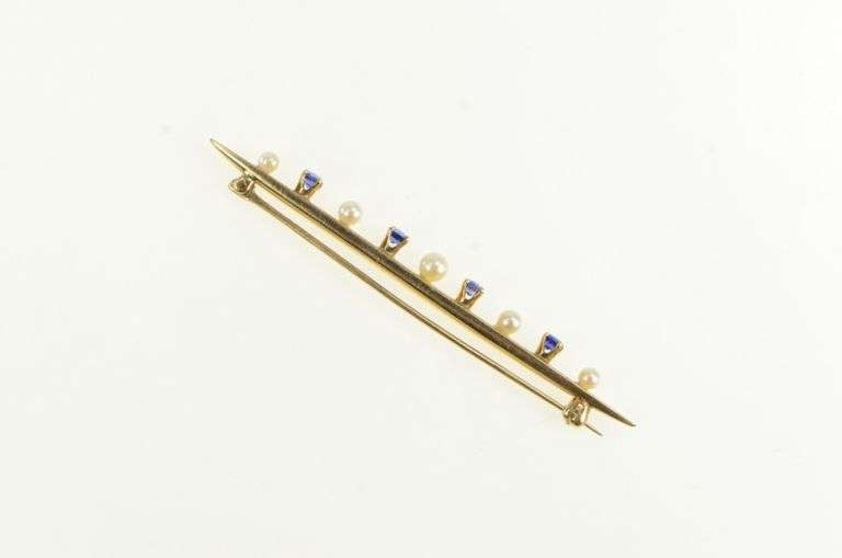 14K Yellow Gold Retro Syn Sapphire Seed Pearl Vintage Bar Pin/Brooch
